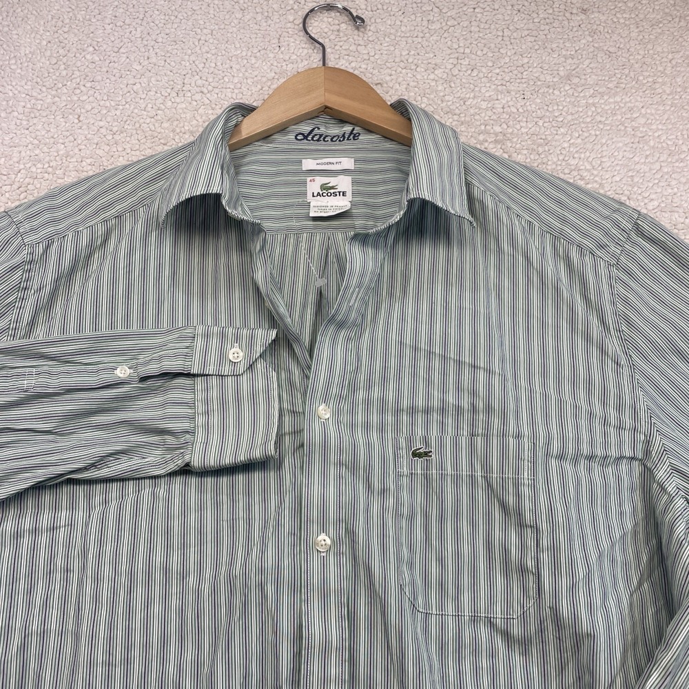Lacoste Button Down Mens 45 Green Striped Modern Fit Long Sleeve Pocket Shirt